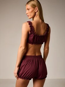 AiiRZ Burgundy Lettuce Edge Crop Top And Ruffle Hem Shorts Pajama Set Sleepwear Loungewear Two Piece Outfit - Brown - View 2