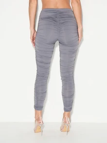 KIZN Women's Lightweight Slinky Ruched Bodycon Leggings High Waisted Stretchy Textured Full Length Fitted Pants For Casual Everyday Wear - Grey - View 2