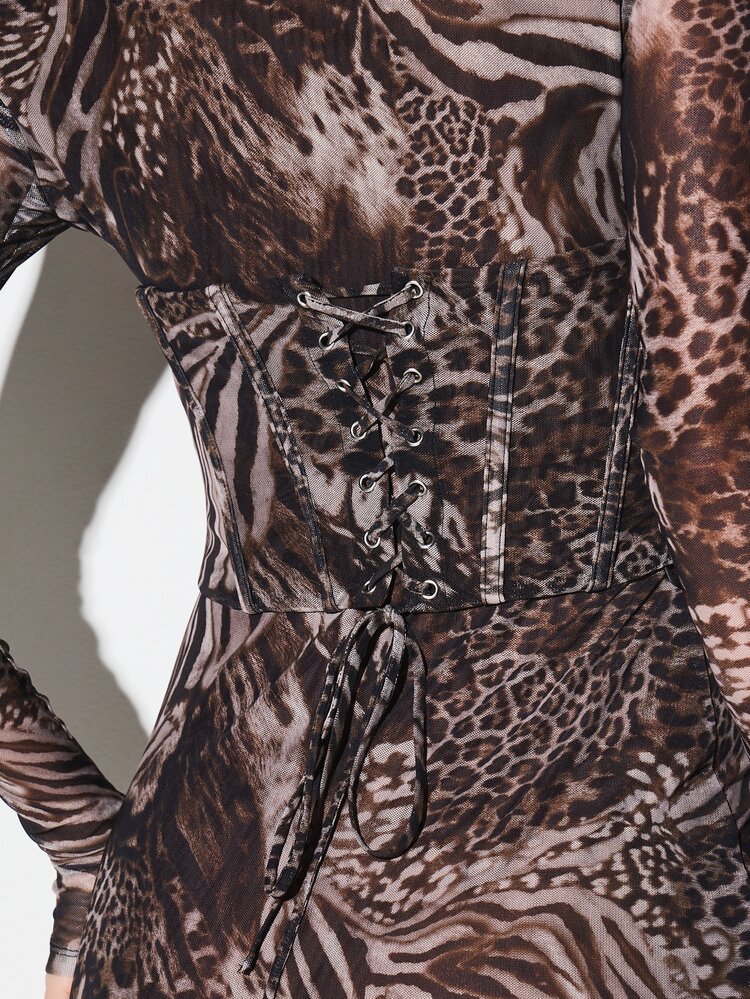 KIZN Enges Mini-Kleid mit Tiermuster, hohem Kragen, Langarm und abnehmbarem Korsett-Detail für Partys und Abendanlässe