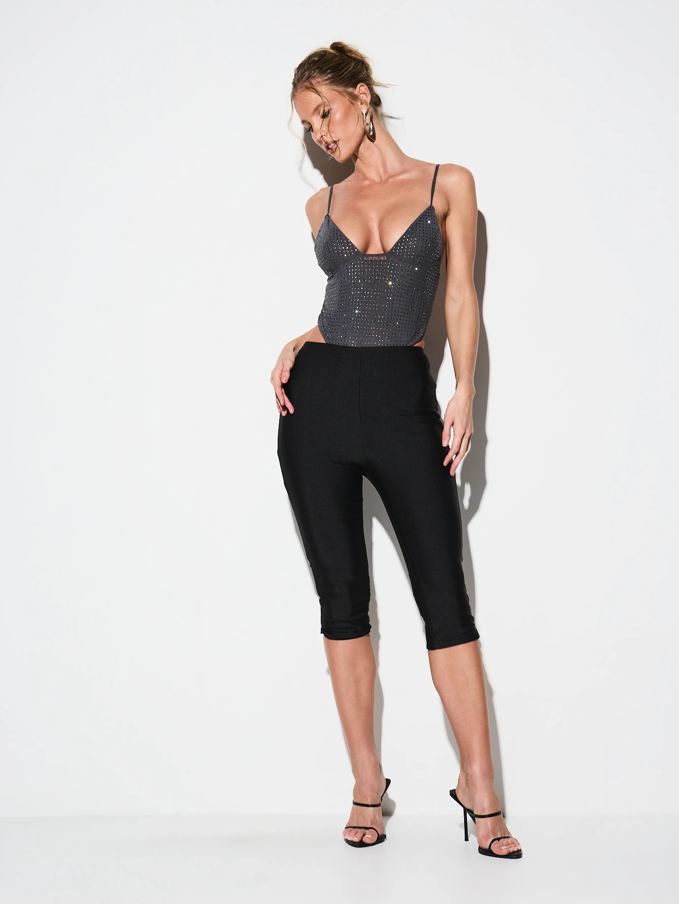 KIZN Rhinestone V Neck Bodysuit With Cut Outs