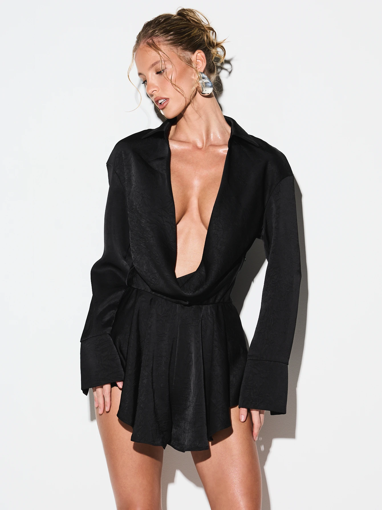 KIZN Deep Cowl Neck Romper With Tie Belt