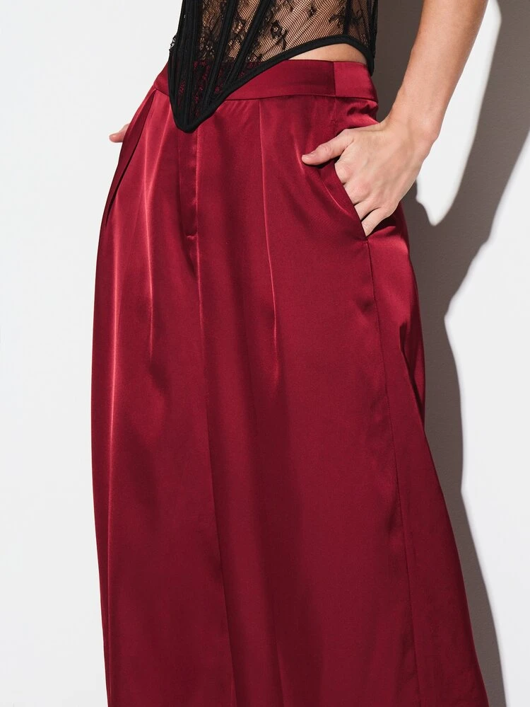 KIZN High Waist Straight Leg Satin Palazzo Trousers Wide Leg Formal Evening Pants Elegant Full Length Bottoms Party Occasion Luxurious Silky Dressy Trousers
