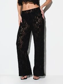 KIZN Women's Black Lace Straight Leg High Rise Wide Palazzo Pants Semi Sheer Flowy Evening Party Occasion Formal Elegant - Black - View 4