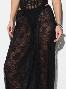 KIZN Women's Low Rise Wide Leg Lace Parachute Palazzo Trousers With Sheer Overlay Design - Black - View 5