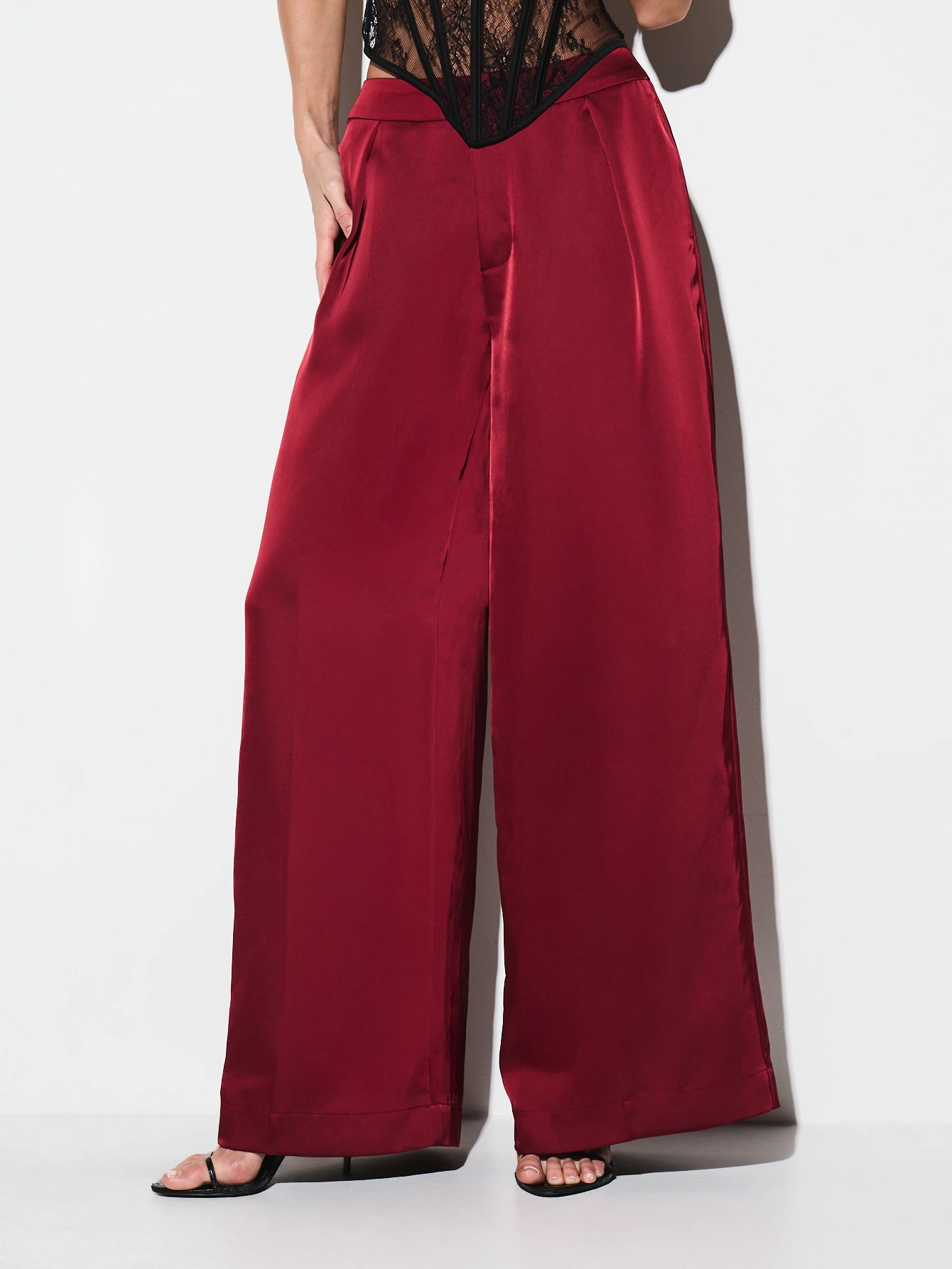 KIZN Calças de cetim de cintura alta e perna reta