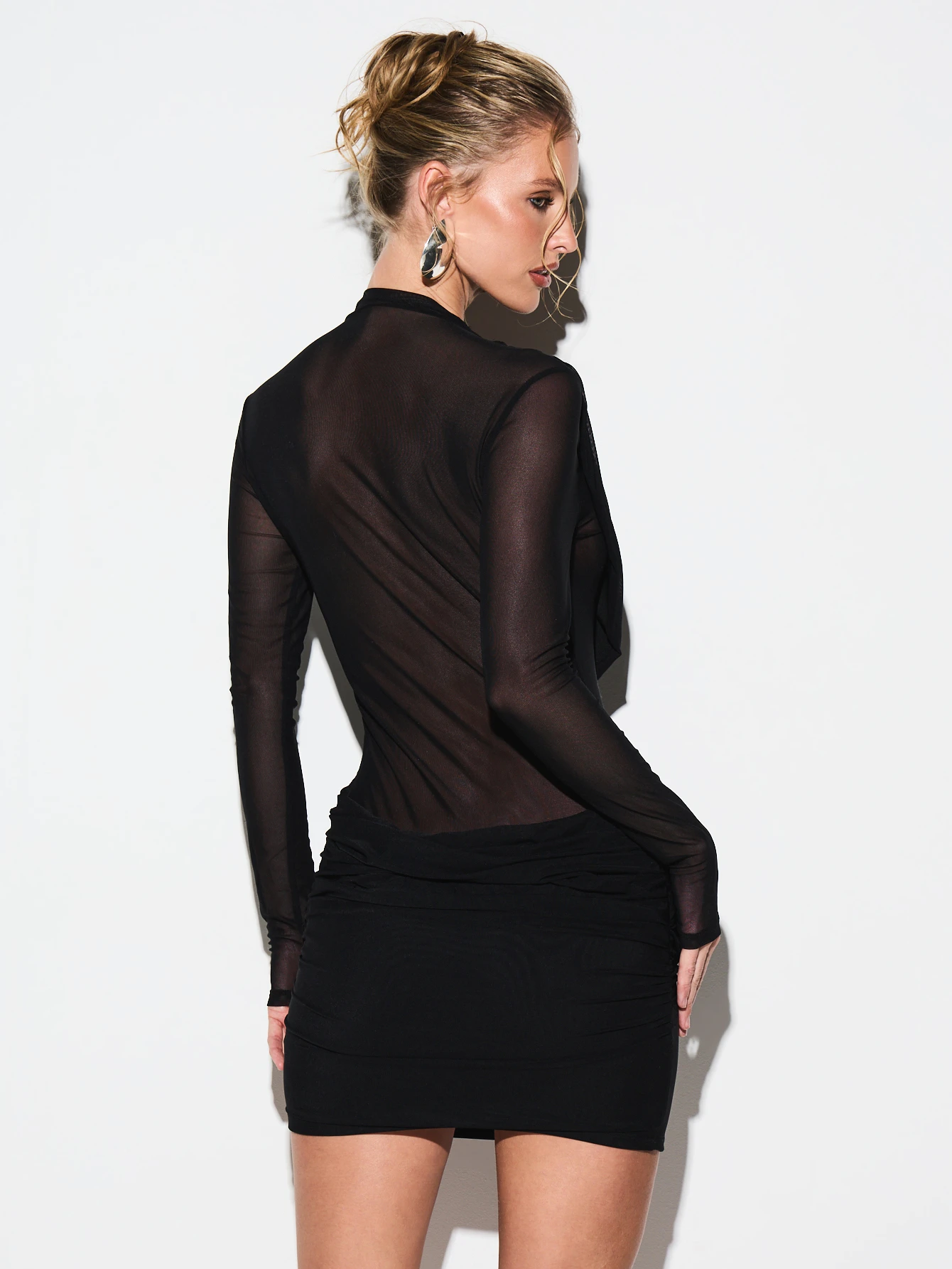 KIZN Mesh Long Sleeve Cowl Neck Mini Dress