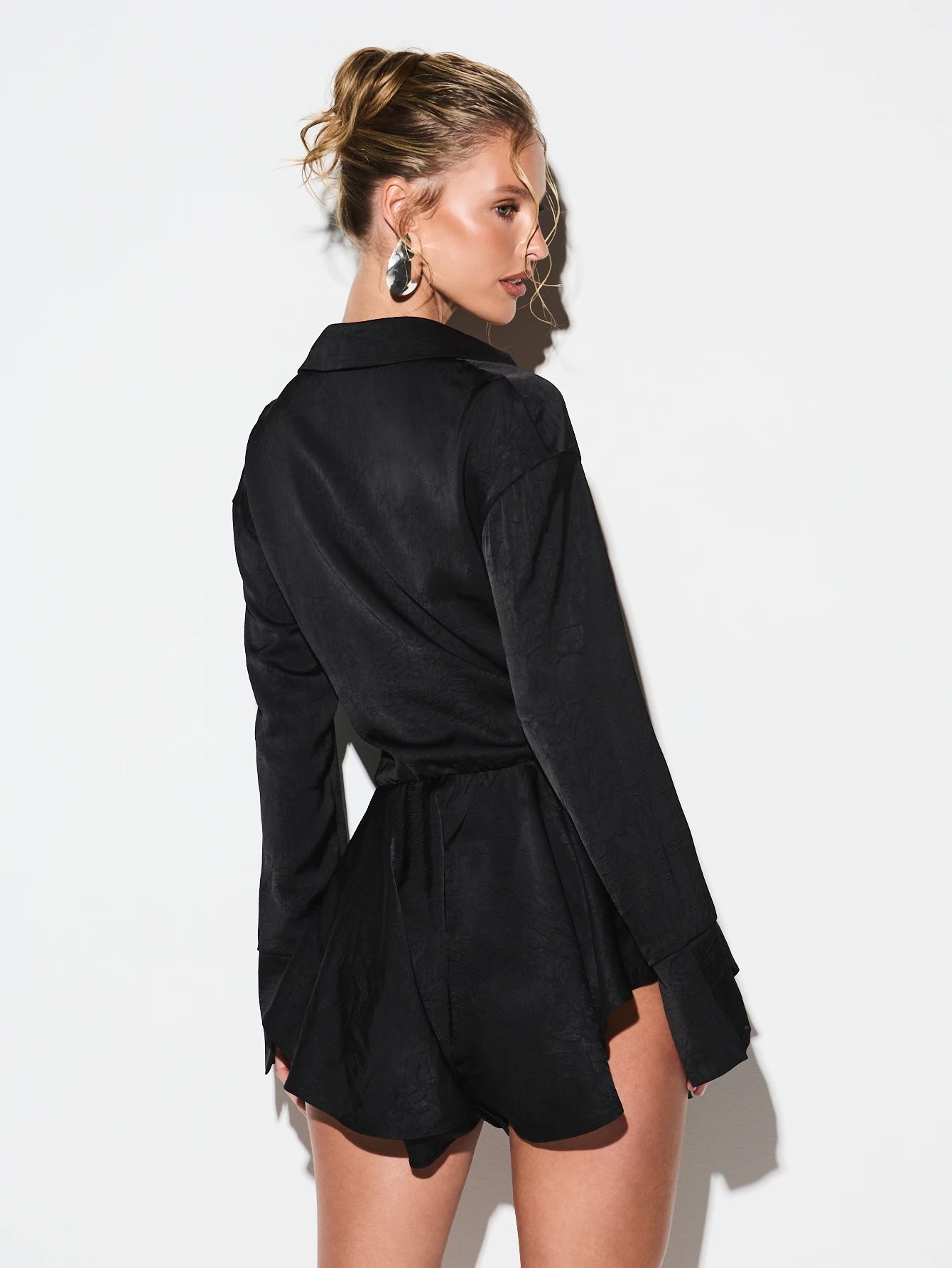 KIZN Deep Cowl Neck Romper With Tie Belt