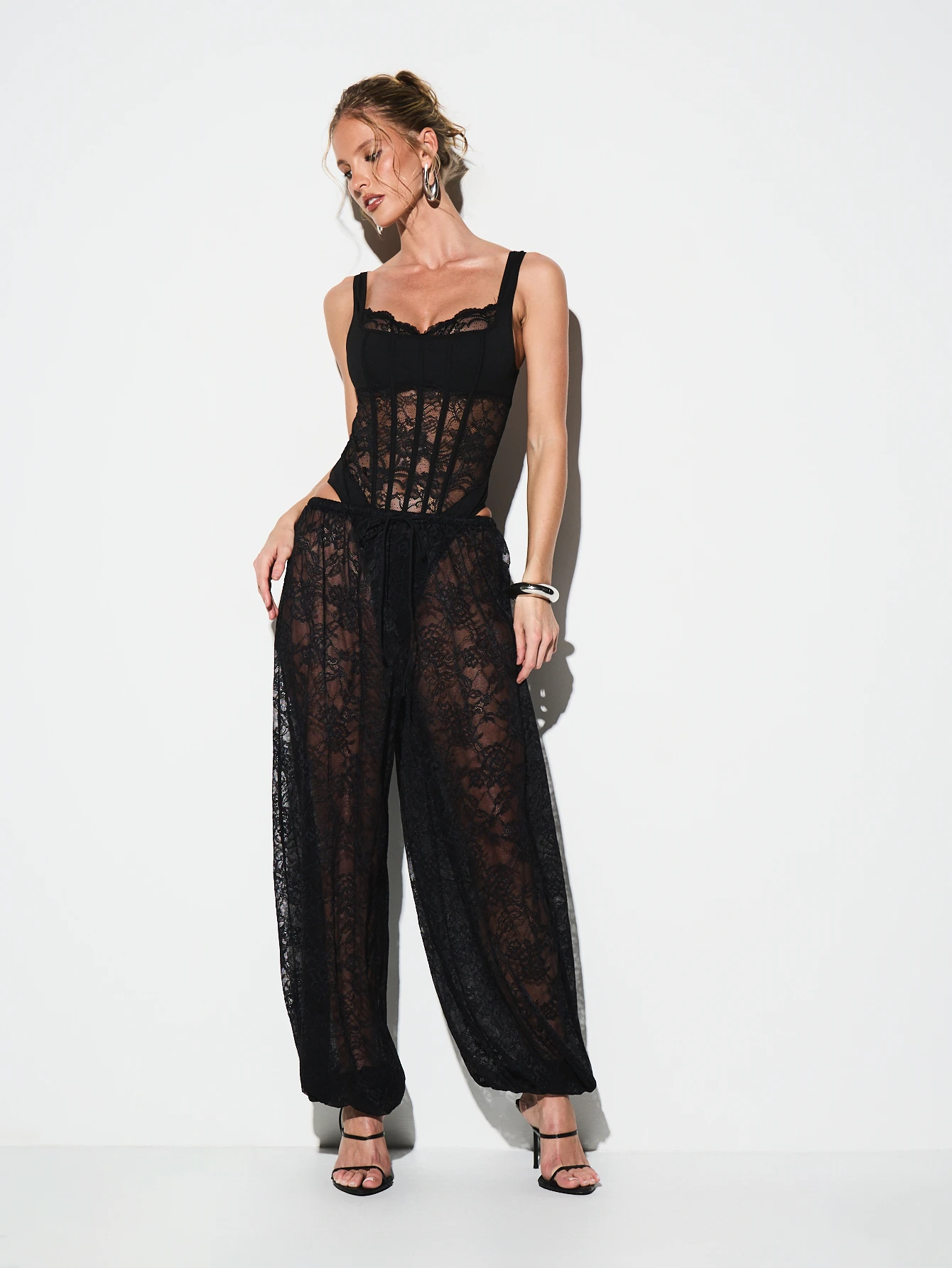 KIZN Square Neck Lace Insert Bodysuit With Mesh For Valentine's Day