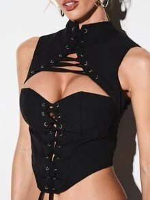 KIZN High Neck Corseted Lace Up Bustier Top With Cut Out Details And Metal Eyelets For Evening Clubwear For Valentine's Day - Black - View 6
