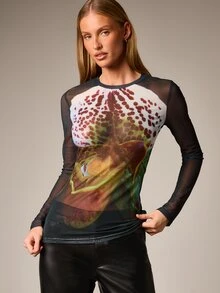 AiiRZ Blusa de manga larga ajustada con estampado fotográfico abstracto de malla transparente para fiestas de otoño e invierno - Multicolor - Ver 5