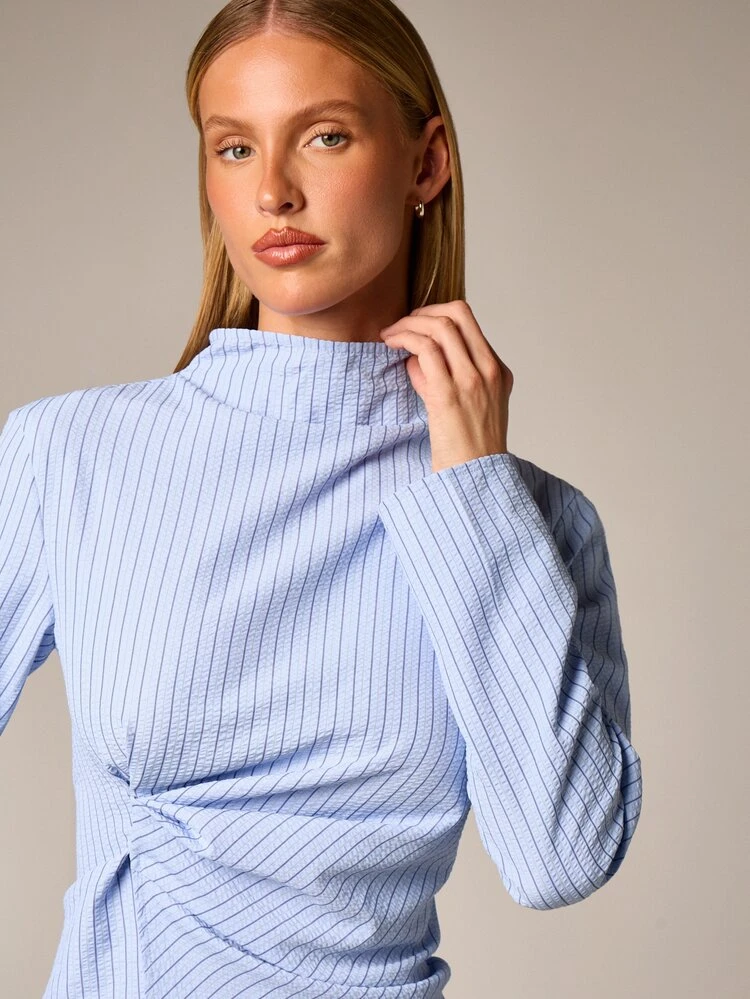 Ribbed Mock Neck Blouse With Ruched Detail