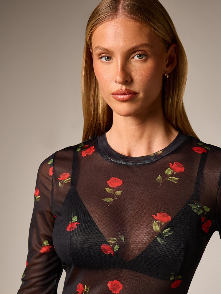 Sheer Rose Print Mesh Top With Long Sleeves