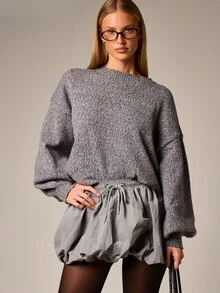 AiiRZ Draped Bubble Hem Short Skirt With Elastic Waistband And Gathered Ruffle Detail For Casual Winter Layering - Grey - View 3