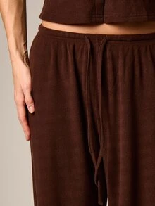 AiiRZ Bộ đồ mặc nhà phối hợp gồm áo tank top không tay cài cúc và quần palazzo ống rộng, cùng áo hai mảnh dệt kim gân, kiểu dáng thường ngày. - Cà phê nâu - Xem 5