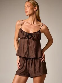 AiiRZ Camisole Top With Wide Leg Pyjama Short Set - Brown - View 1
