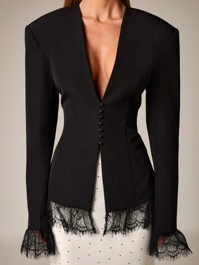 AiiRZ Elegant Lace Trim Blazer With Deep V Neckline And Button Front Closure For Office Professional Style