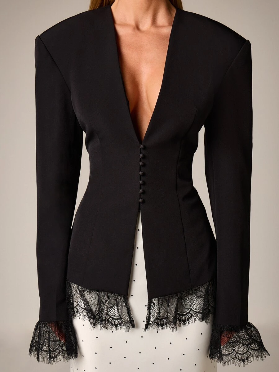 Elegant Lace Trim Blazer With Deep V Neckline And Button Front Closure For Office Professional Style - Black - View 1