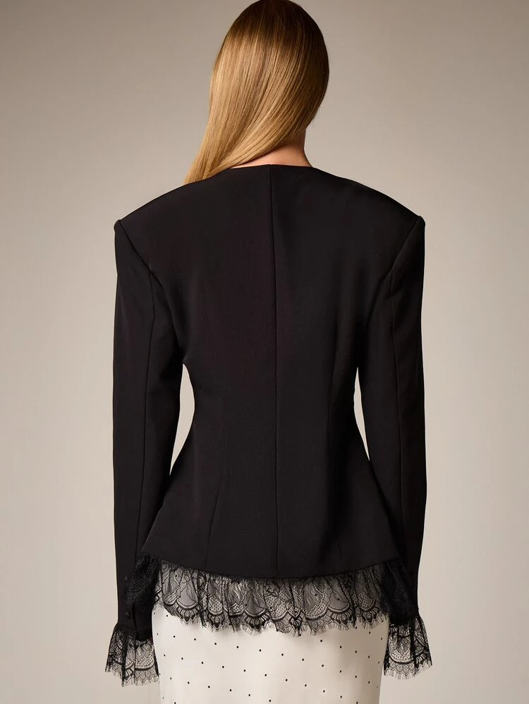 Lace Trim Blazer With Button Front