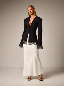 Elegant Lace Trim Blazer With Deep V Neckline And Button Front Closure For Office Professional Style - Black - View 4