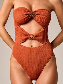 AiiRZ Bandeau One-Piece Swimsuit With Gold Sun Medallion Cut-Out Detail High Rise Ribbed Texture Summer Beach - Brown - View 4