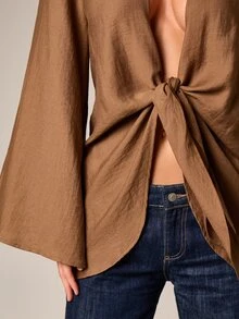 AiiRZ Vestido de manga larga con nudo delantero, escote en V y mangas acampanadas para playa y piscina - Café integral - Ver 4