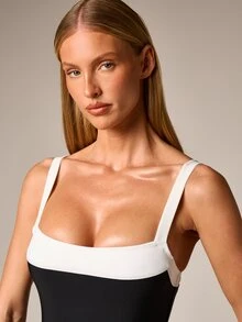 AiiRZ Two Tone Contrast Detail Square Neck One Piece Swimsuit With Regular Straps And Straight Neckline Design Summer Beach - Black and White - View 4