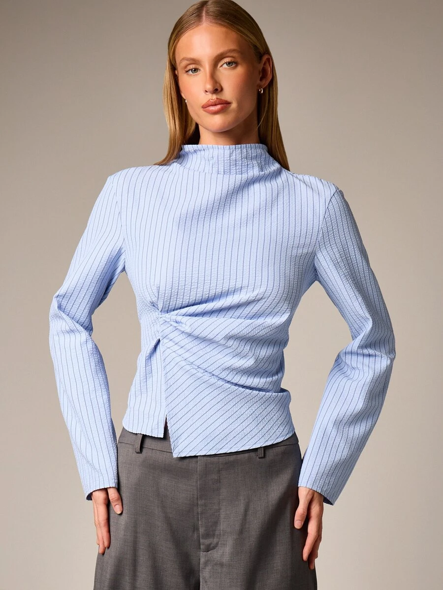 AiiRZ Women's Ribbed Mock Neck Long Sleeve Blouse With Ruched Side Detail For Office Casual Elegant Fall Winter Styling - Blue - View 1