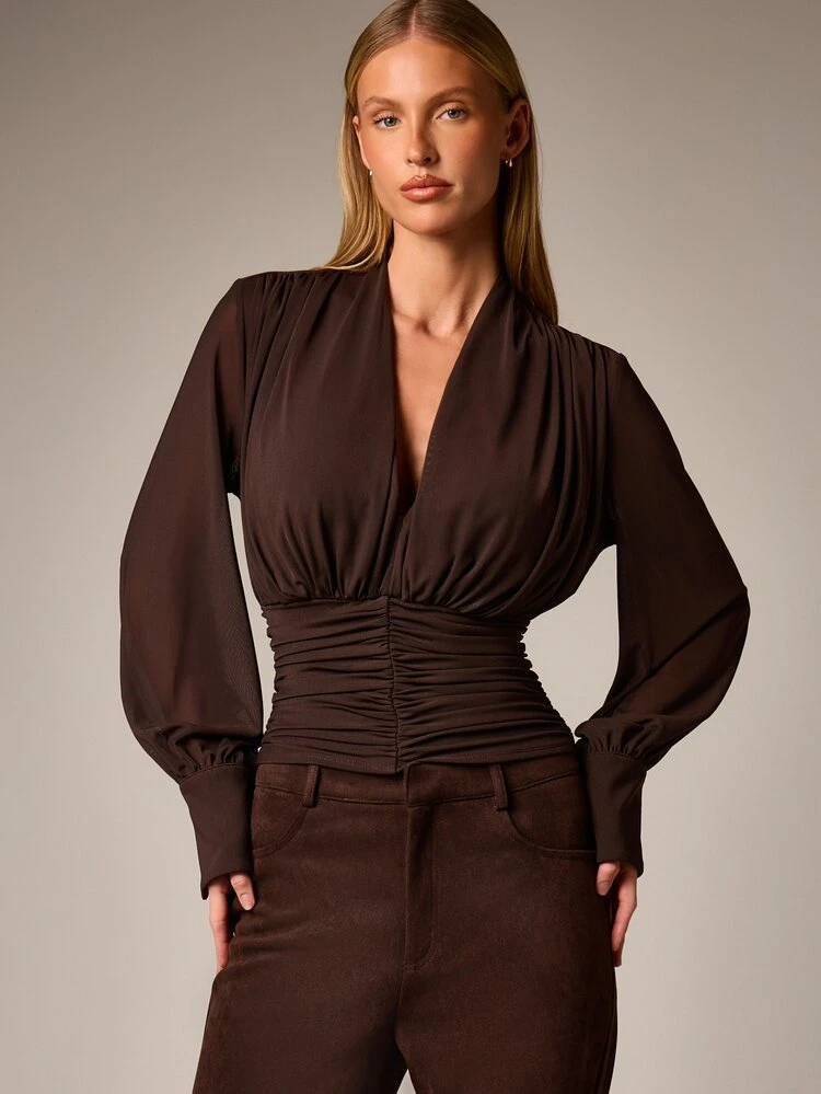 Deep V Neck Ruched Waist Blouse With Balloon Sleeves