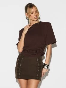 KIZN Shoulder Pad Statement T-Shirt With Ruched Side Detail And Crew Neckline For Casual Everyday Wear - Brown - View 5