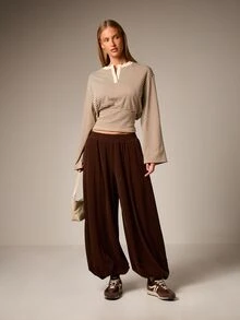 AiiRZ Ribbed High Waist Balloon Leg Trousers - Brown - View 3