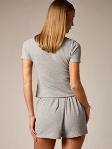 AiiRZ Ribbed Button Front Cardigan Short Sleeve And Drawstring Shorts Two Piece Lounge Set - Light Grey - View 2