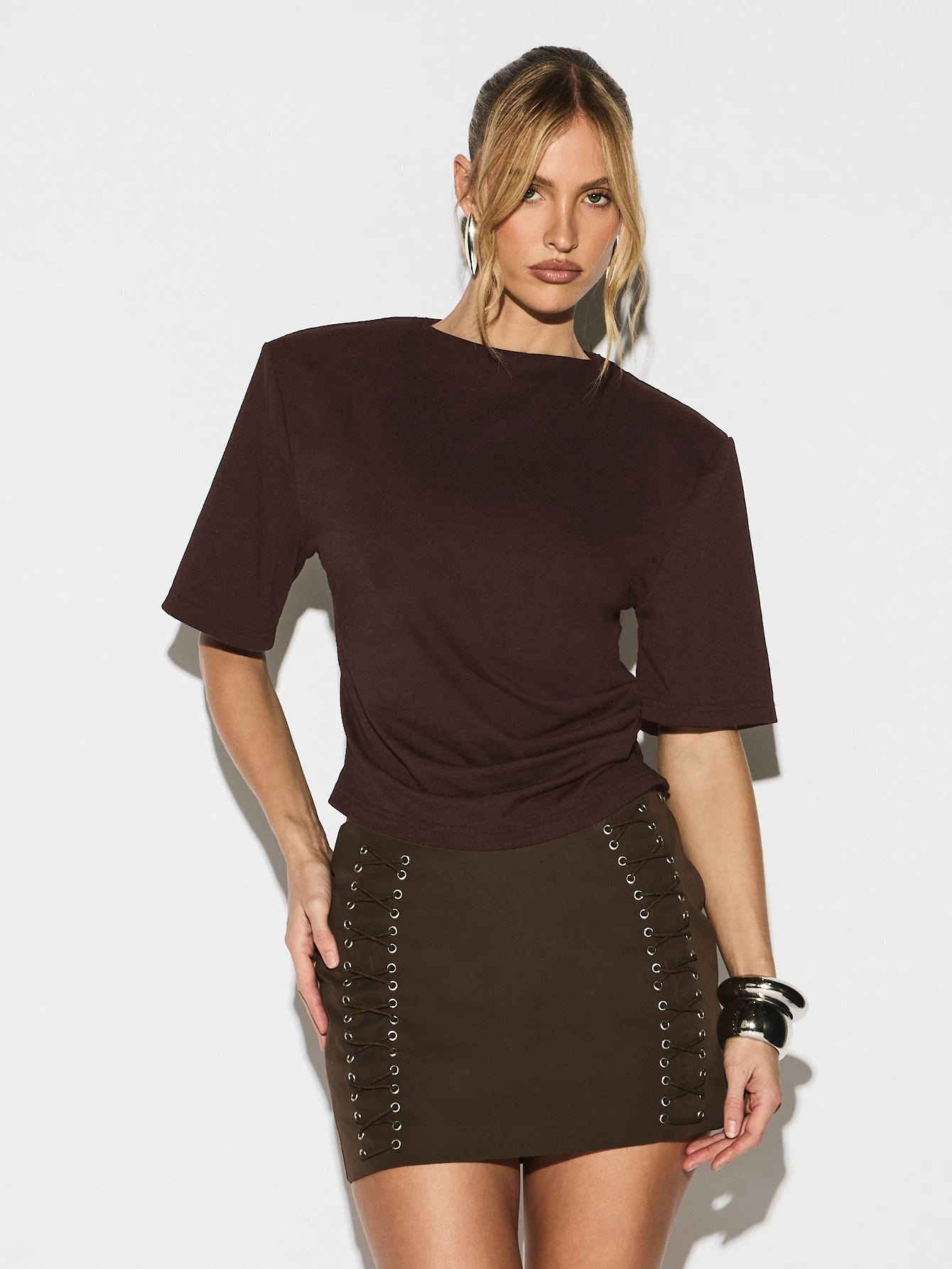 KIZN Shoulder Pad T-Shirt With Ruched Detail