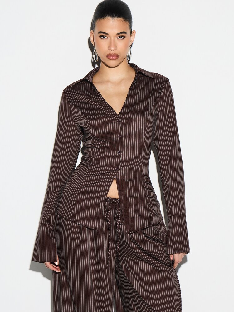 KIZN Pinstripe Long Sleeve Button Down Shirt With Lace Up Back Detail And Split Front Hem