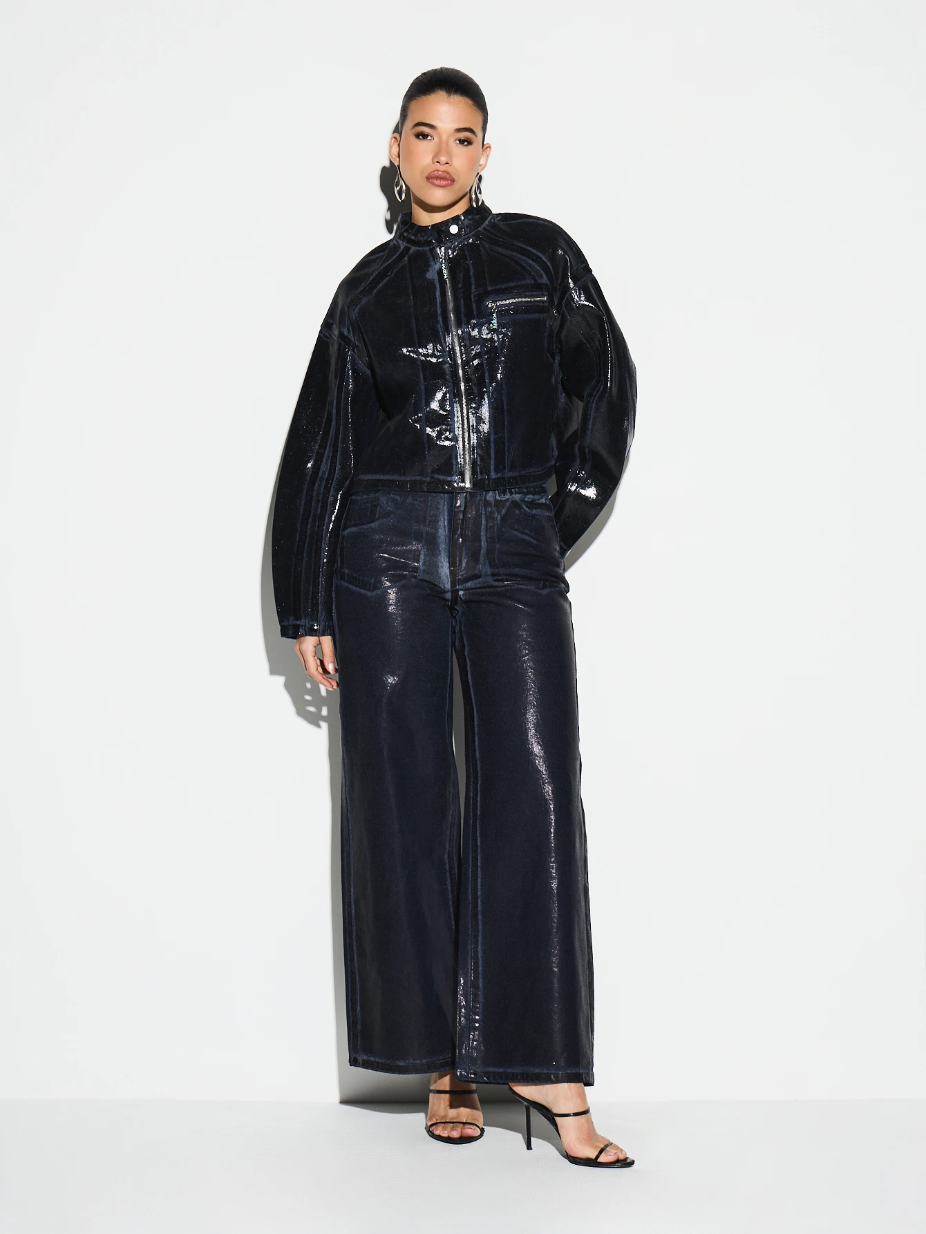 KIZN Coated Denim Biker Jacket With Glossy Finish