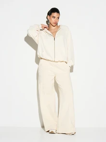 KIZN 女士奶油色超大款全拉链连帽衫，插肩袖设计，配有抽绳，适合秋冬季日常休闲穿着，舒适保暖。 - 奶油色 - 查看 3