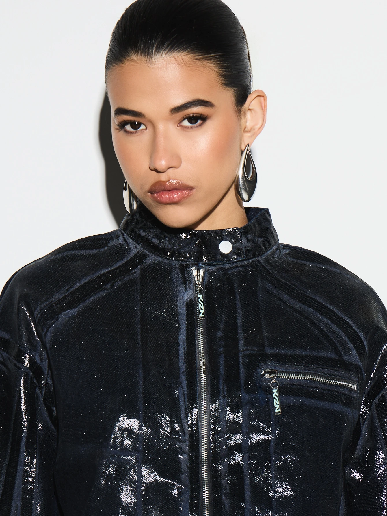 KIZN Coated Denim Biker Jacket With Glossy Finish