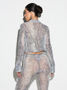 KIZN 网纱高领长袖鳄鱼纹扭结前襟露脐上衣晚宴俱乐部上衣 - 灰色 - 查看 2