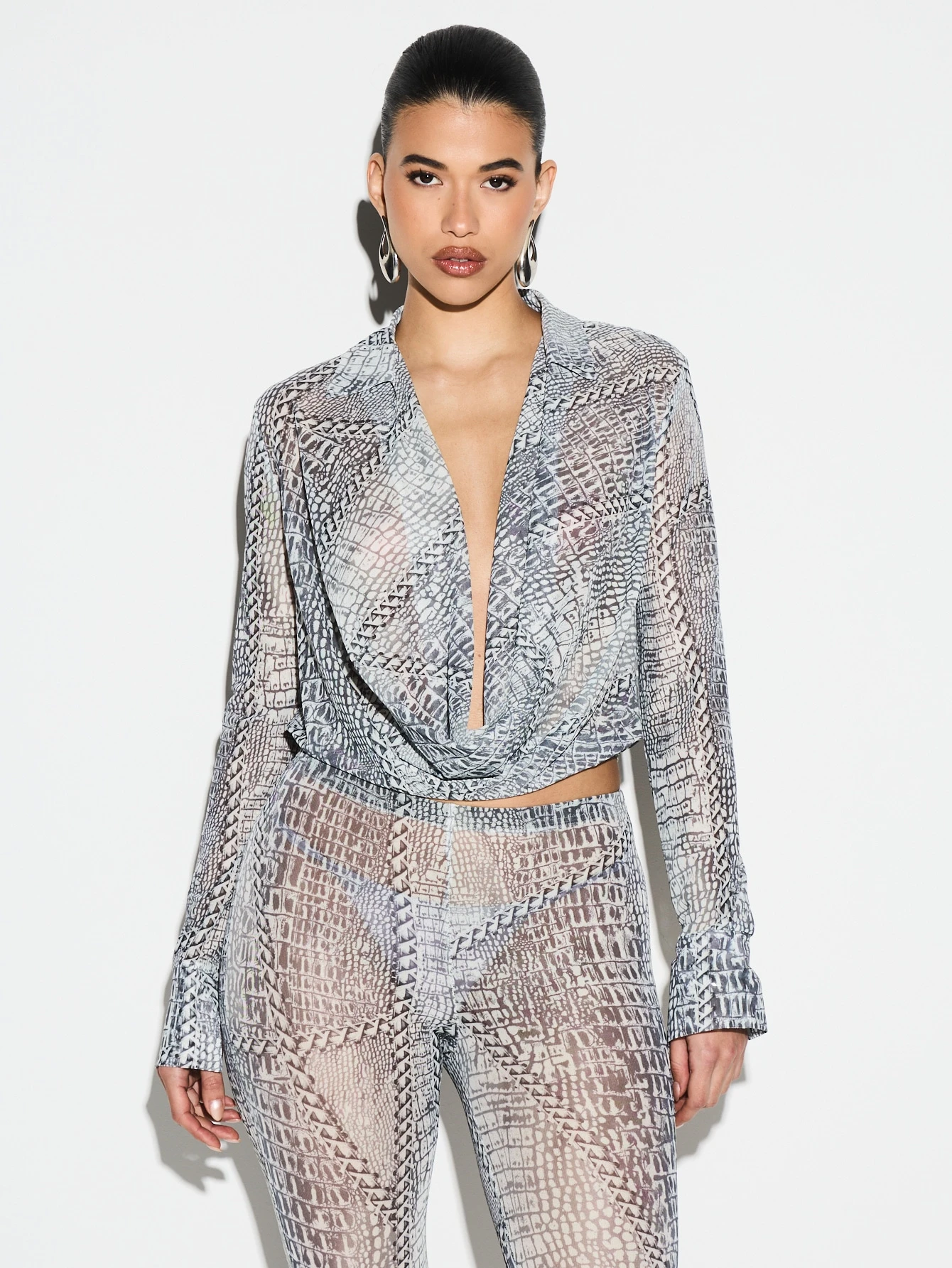 KIZN Mesh Cowl Neck Crocodile Print Crop Blouse