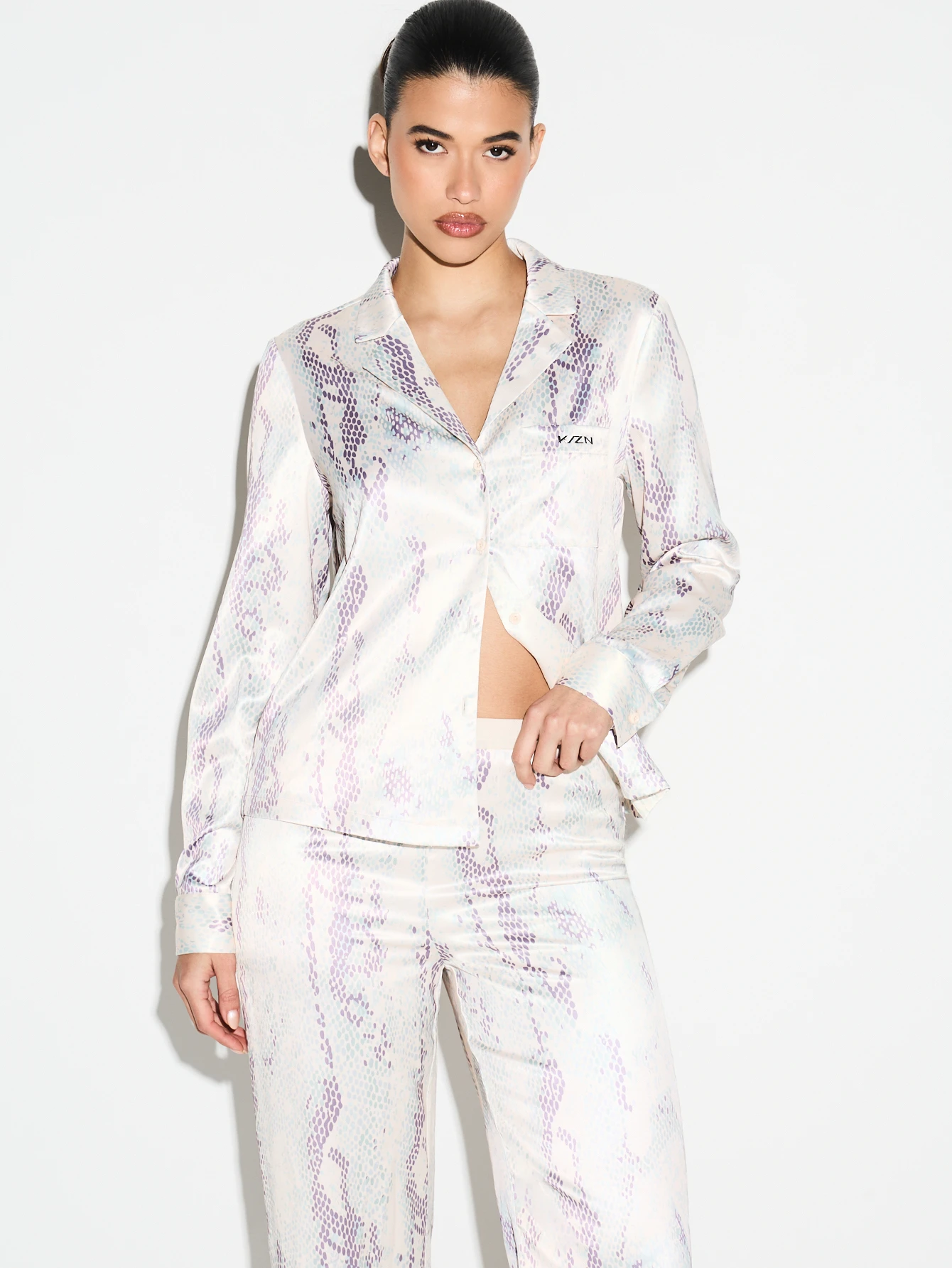 KIZN Snake Print Satin Button Front Pyjama Set