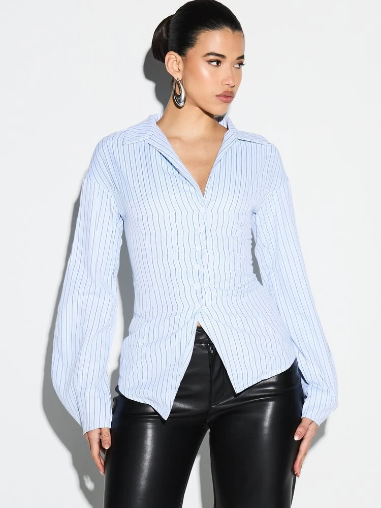 KIZN Pinstripe Button Down Blouse With Asymmetric Hem