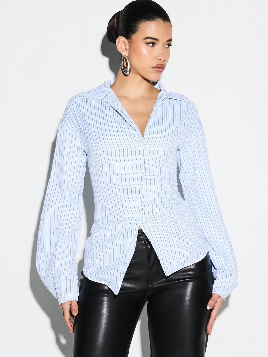 KIZN Womens Pinstripe Long Sleeve Button Down Blouse Asymmetric Hem Office Work Shirt Collared Top Business Casual Fall Winter - Blue - View 1