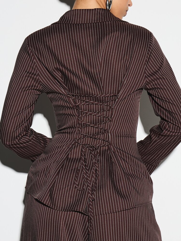 KIZN Pinstripe Long Sleeve Button Down Shirt With Lace Up Back Detail And Split Front Hem