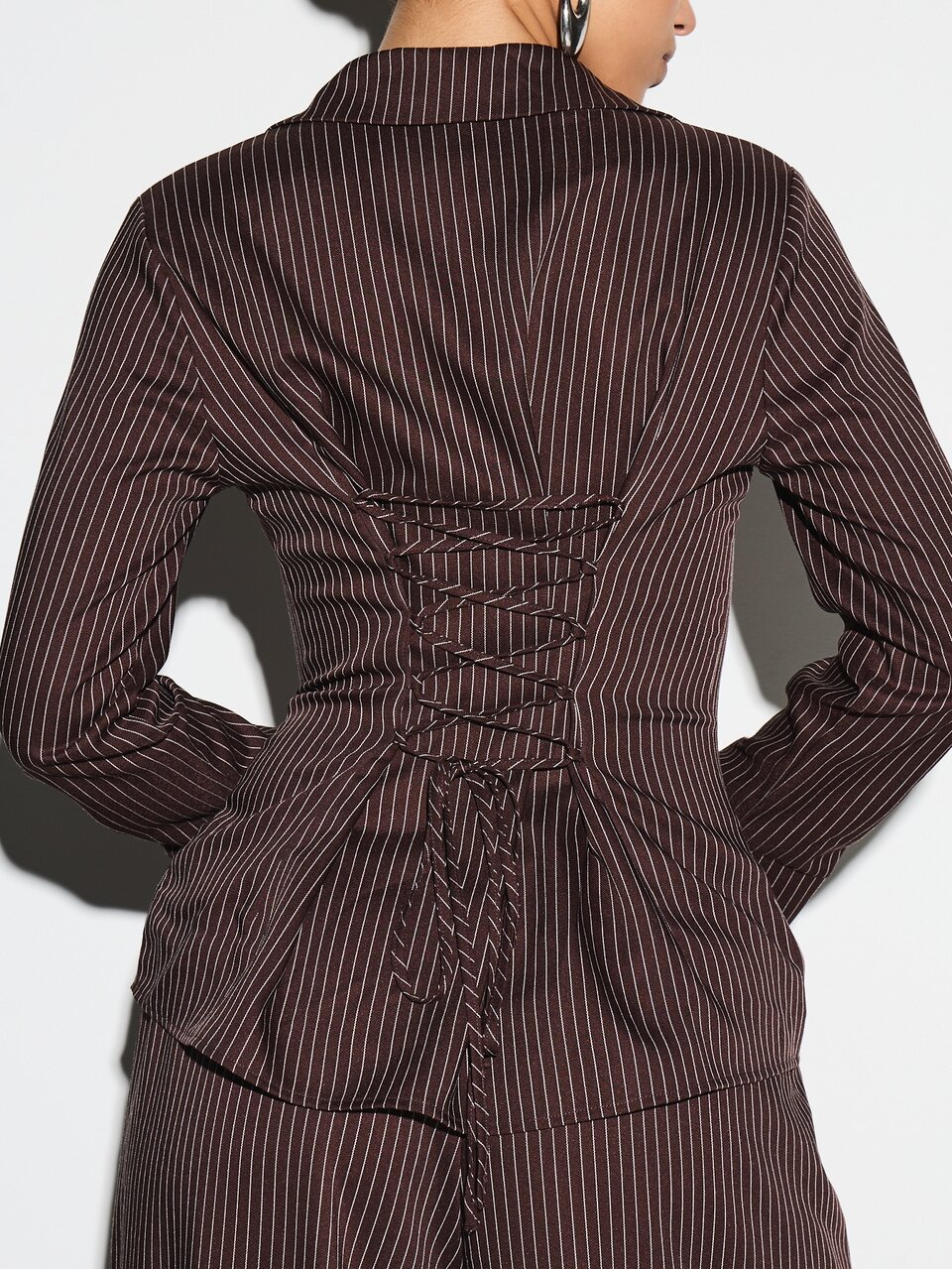 Pinstripe Long Sleeve Button Down Shirt With Lace Up Back Detail And Split Front Hem