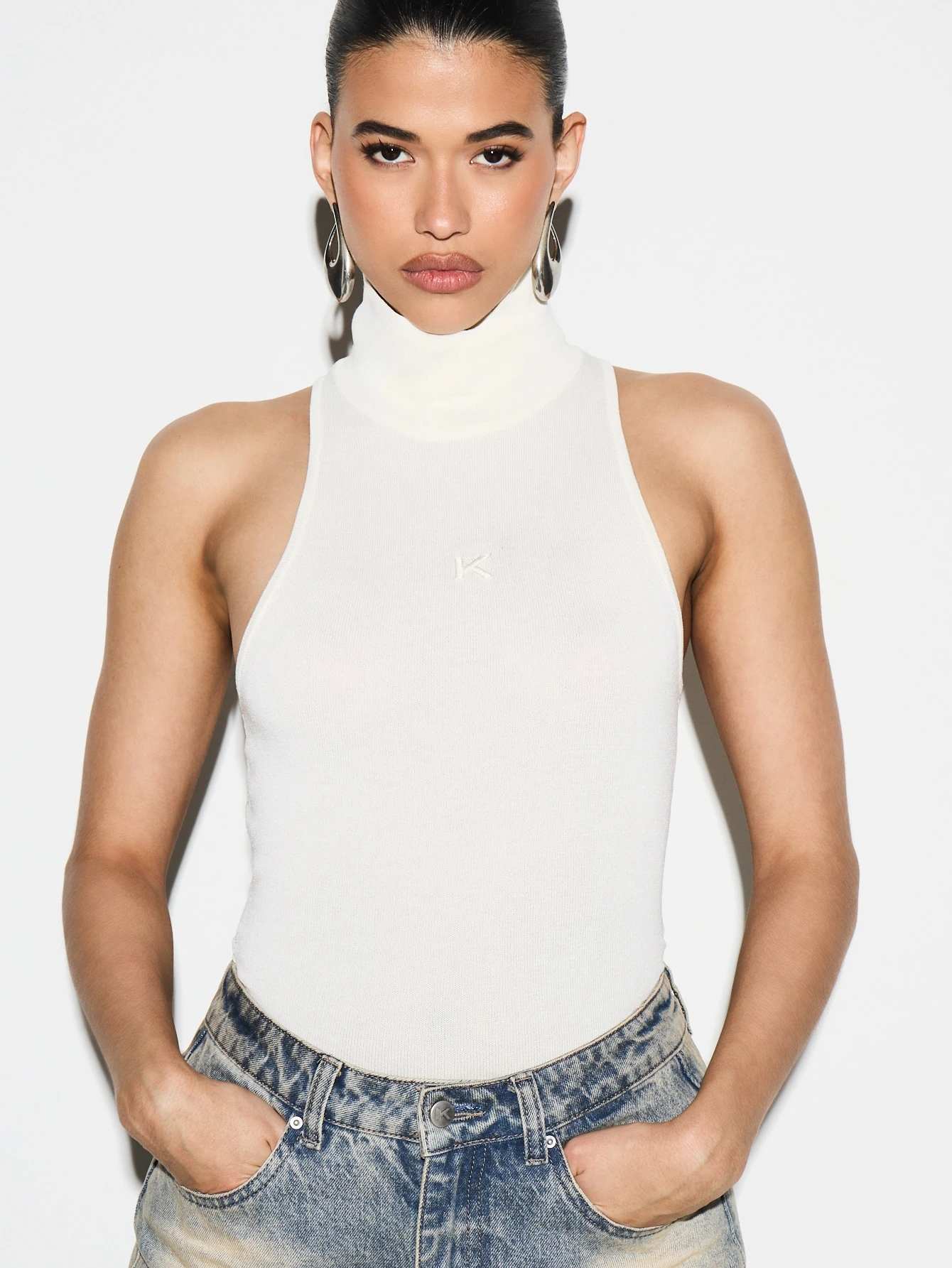KIZN Ribbed Turtleneck Sleeveless Tank With Ruched Hem