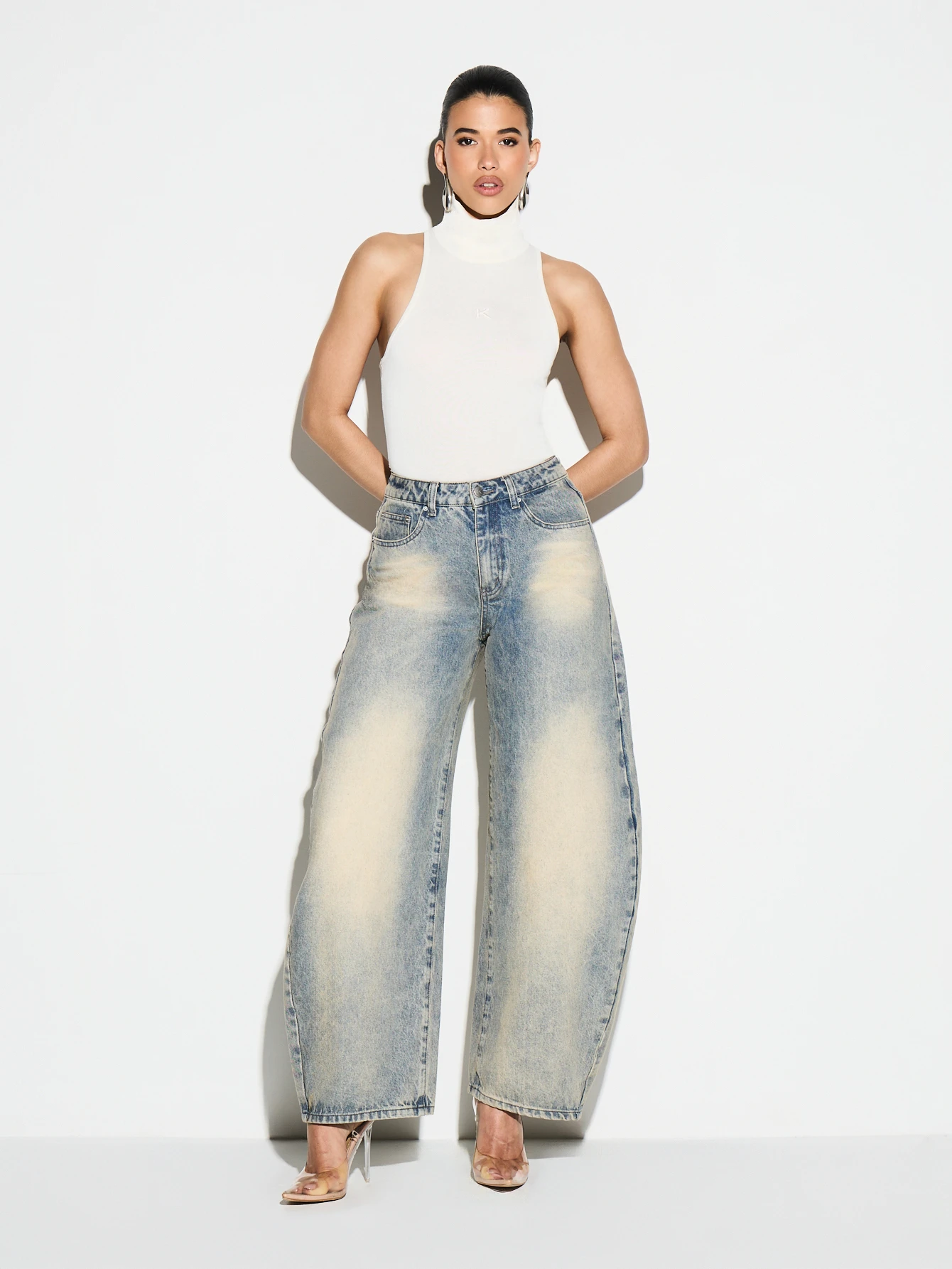 KIZN Ribbed Turtleneck Sleeveless Tank With Ruched Hem