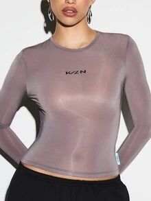 KIZN Mesh Long Sleeve Fitted Top With Thumb Holes And Crew Neckline - Dark Grey - View 1