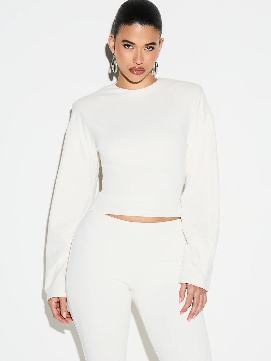 KIZN Top court à manches longues avec col rond et silhouette structurée, doublé de polaire en néoprène, pour l'automne et l'hiver - Blanc - Voir 1