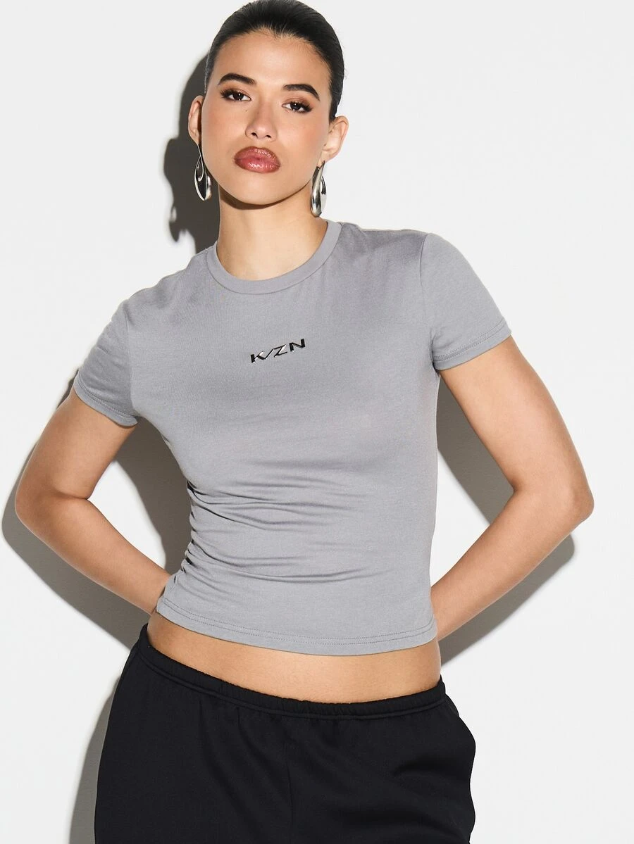 KIZN Women's Crew Neck Short Sleeve Cotton T-Shirt With Chest Logo Print Casual Everyday Basic Tee - Dark Grey - View 1