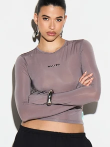 KIZN Mesh Long Sleeve Fitted Top With Thumb Holes And Crew Neckline - Dark Grey - View 5