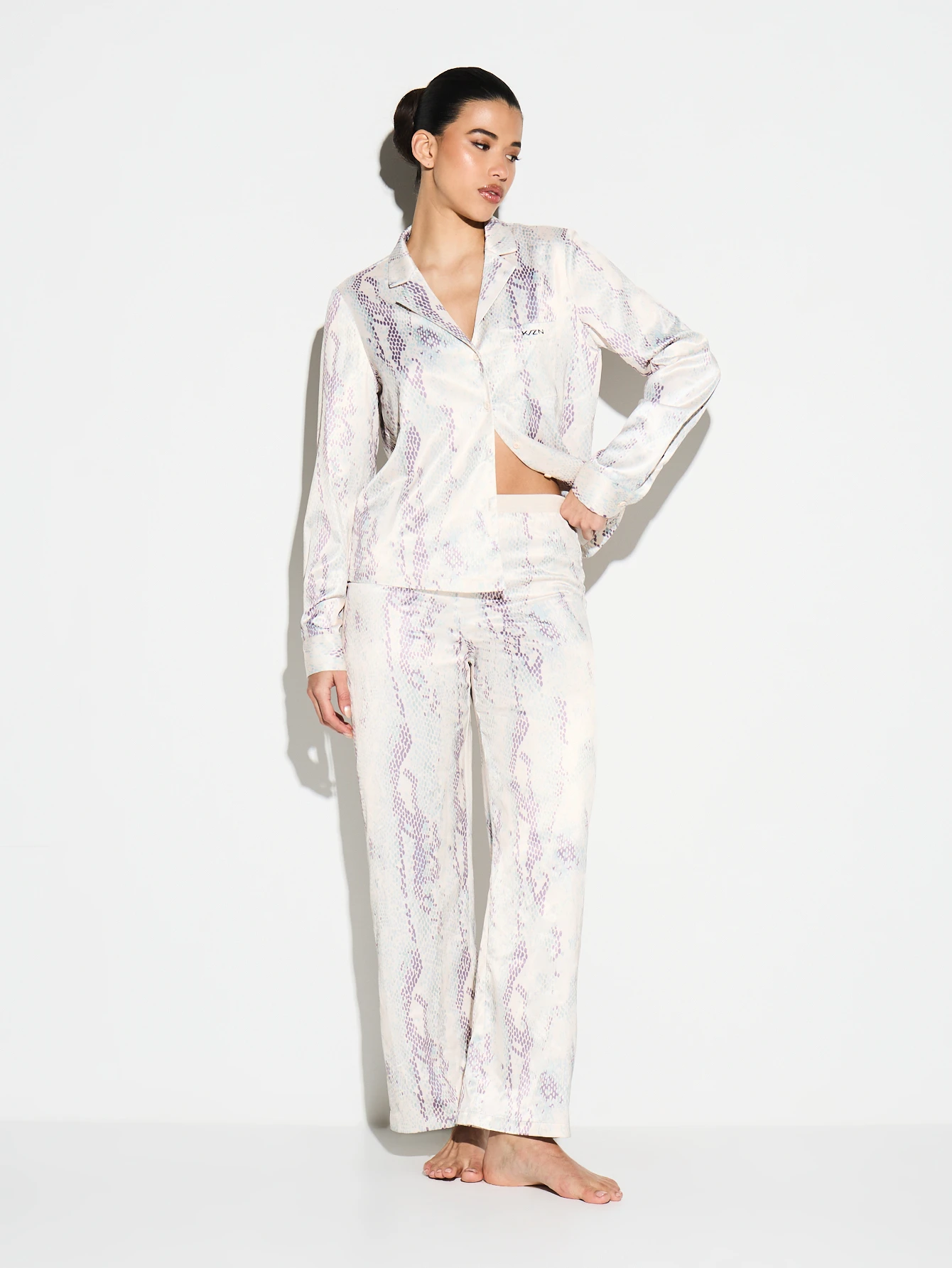 KIZN Snake Print Satin Button Front Pyjama Set